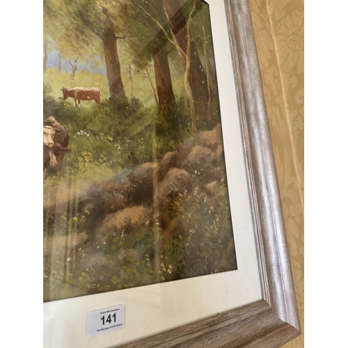 141 - Woodland scene Oil on Canvas mounted in silvered frame {72cm  H  x 62cm W}.