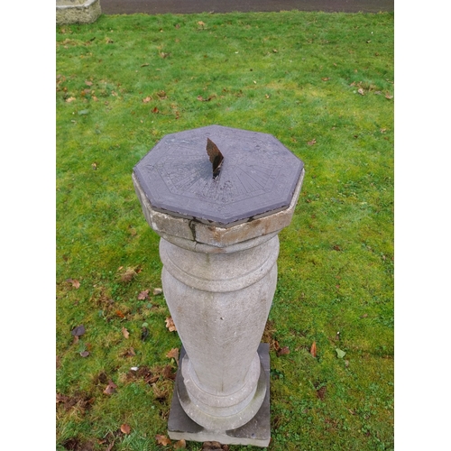 15 - Rare 19th C. Hand cut limestone sundial with original slate dial. {130 cm H x 40 cm W x 40 cm D}.