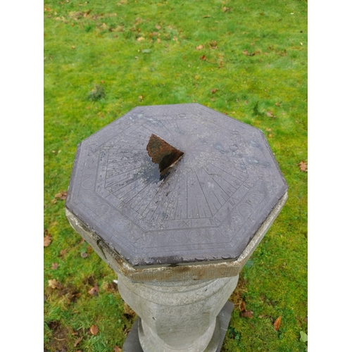 15 - Rare 19th C. Hand cut limestone sundial with original slate dial. {130 cm H x 40 cm W x 40 cm D}.