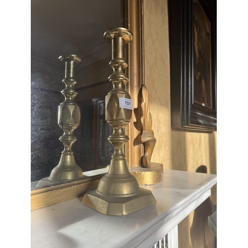 151 - Pair of 19th. C.  brass candlesticks. {35 cm H x 12 cm W x 12 cm D}.