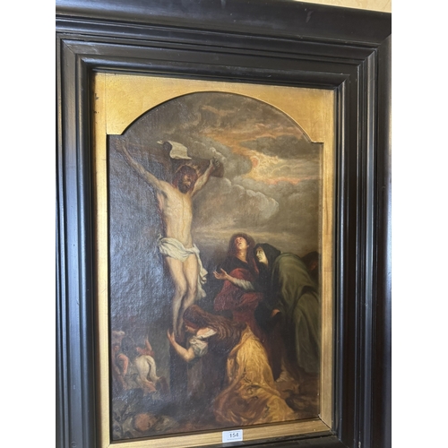 154 - Late 18th C. to early 19th  C. The Crucifixion Oil on Canvas mounted on ebonised frame {96 cm H x 73... 