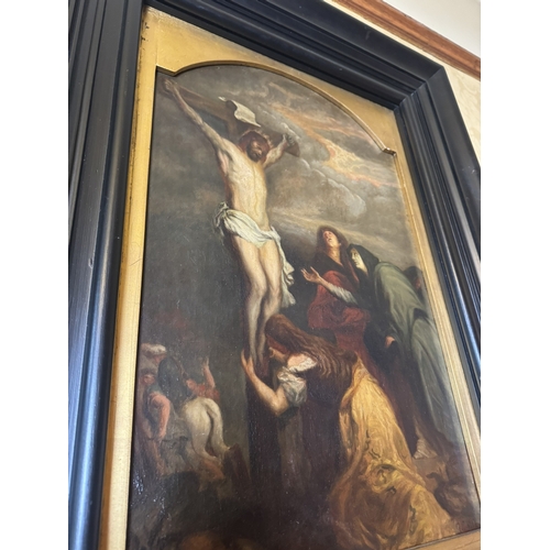 154 - Late 18th C. to early 19th  C. The Crucifixion Oil on Canvas mounted on ebonised frame {96 cm H x 73... 