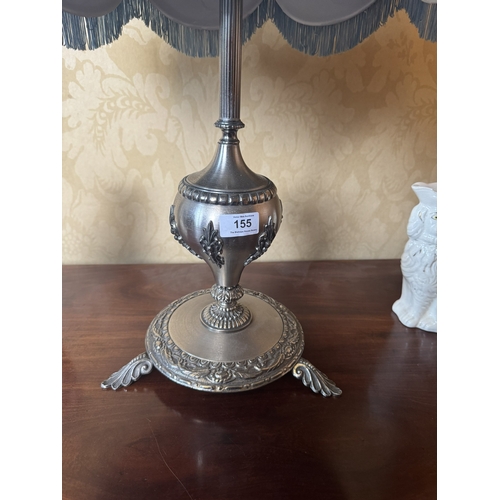 155 - Decorative silver palte table lamp with cloth shade. {72 cm Hx  46 cm Dia.}.