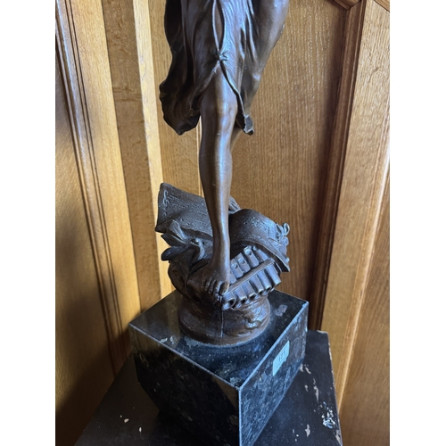 171 - Good quality French bronzed spelter statuette, raised on marble pedestal {173 cm H x 23 cm W x 27 cm... 