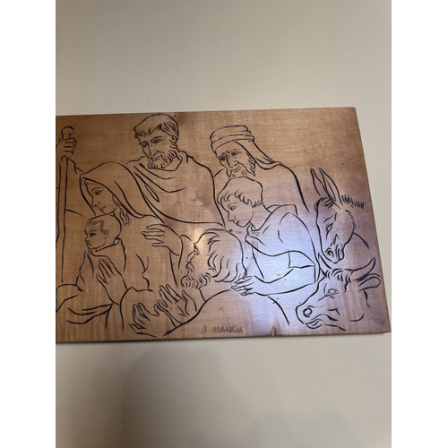 182 - Carved wooden plaque depicting the Three Wise Men gifting the Baby Jesus by J Haugh. {33 cm H x 83 c... 