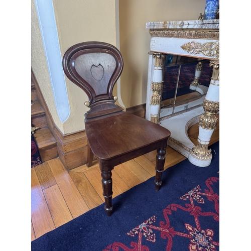 184 - Rare set of six 19th C. Mahogany and gilded Shield back hall chairs. {87 cm H x 44 cm W x 51 cm D}.