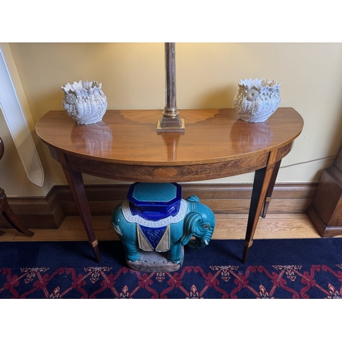 190 - Pair of exceptional quality Edwardian mahogany and satinwood demi lune console tables, raised on squ... 