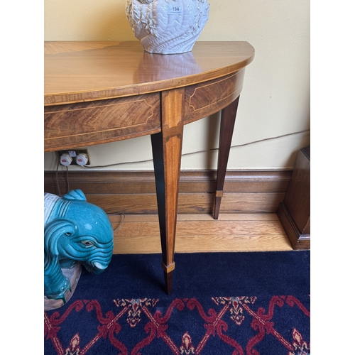 190 - Pair of exceptional quality Edwardian mahogany and satinwood demi lune console tables, raised on squ... 