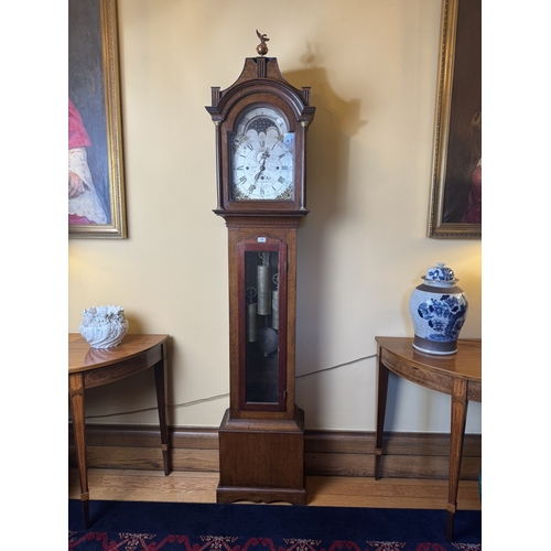 193 - Rare 19th C. Oak Regulator long cased clock with brass and silvered rolling arched silver dial by Jo... 