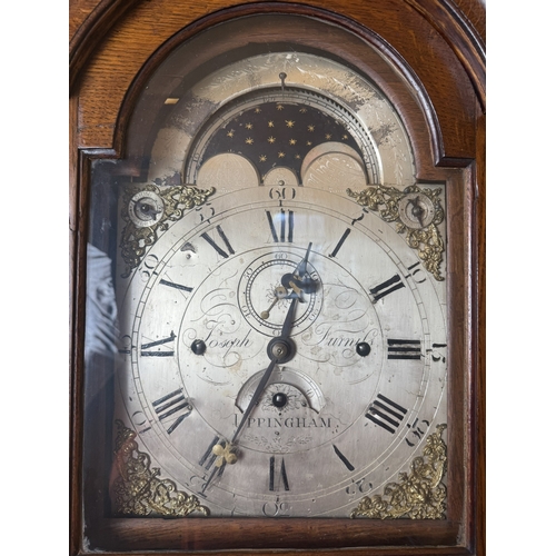 193 - Rare 19th C. Oak Regulator long cased clock with brass and silvered rolling arched silver dial by Jo... 