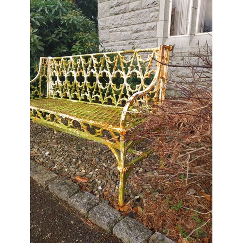 2 - Gothic cast iron three seater garden bench. {83 cm H x 136 cm W x 45 cm D}.