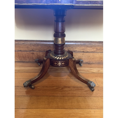 202 - Good quality brass and inlaid rosewood card table, raised on turned column and four outswept feet. {... 