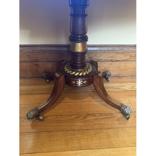 202 - Good quality brass and inlaid rosewood card table, raised on turned column and four outswept feet. {... 