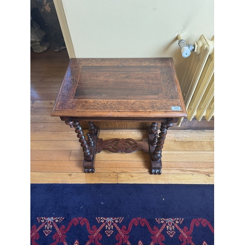 206 - 19th C walnut and satinwood side table with single drawer in frieze, raised on barley twist supports... 