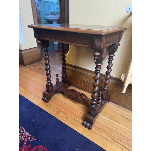 206 - 19th C walnut and satinwood side table with single drawer in frieze, raised on barley twist supports... 