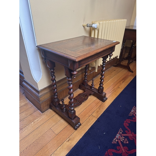 206 - 19th C walnut and satinwood side table with single drawer in frieze, raised on barley twist supports... 