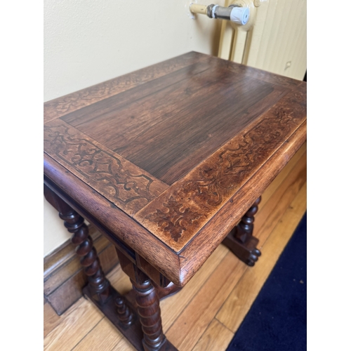 206 - 19th C walnut and satinwood side table with single drawer in frieze, raised on barley twist supports... 