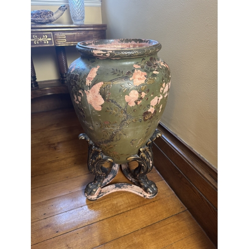 208 - William IV hand painted terracotta jardiniere decorated with birds and lotus flowers, raised on lion... 