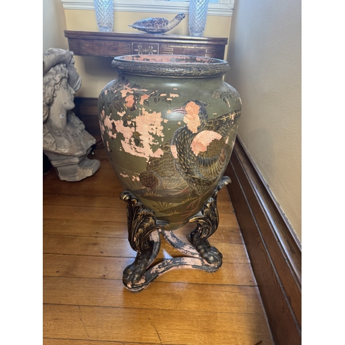 208 - William IV hand painted terracotta jardiniere decorated with birds and lotus flowers, raised on lion... 