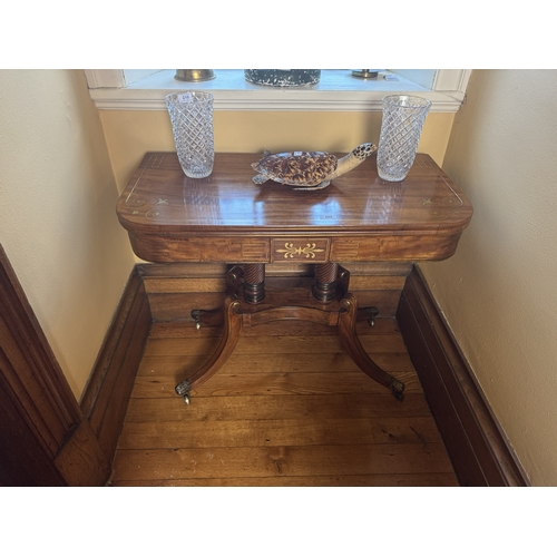 209 - Good quality Regency brass and inlaid card table, raised on four columns and four outswept legs. {74... 