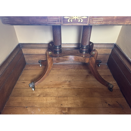 209 - Good quality Regency brass and inlaid card table, raised on four columns and four outswept legs. {74... 