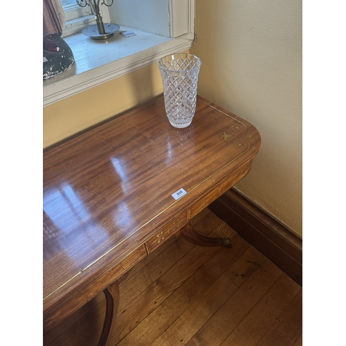 209 - Good quality Regency brass and inlaid card table, raised on four columns and four outswept legs. {74... 