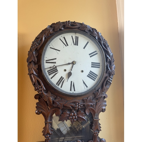 214 - 19th C. carved oak wall drop dial clock with painted dial decorated with grape vines {88 cm H x 42 c... 