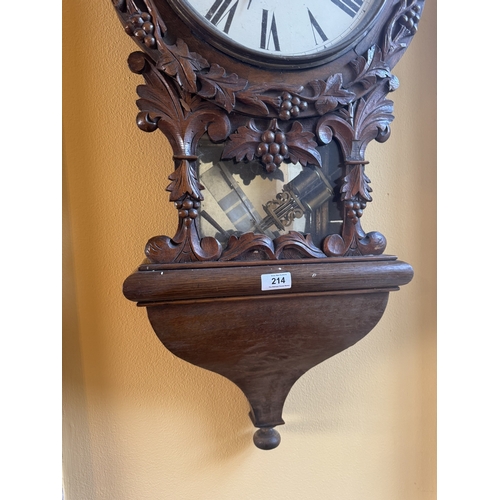 214 - 19th C. carved oak wall drop dial clock with painted dial decorated with grape vines {88 cm H x 42 c... 