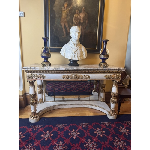 216 - Rare William IV Italian giltwood and painted console table, raised on carved acanthus leaves and car... 