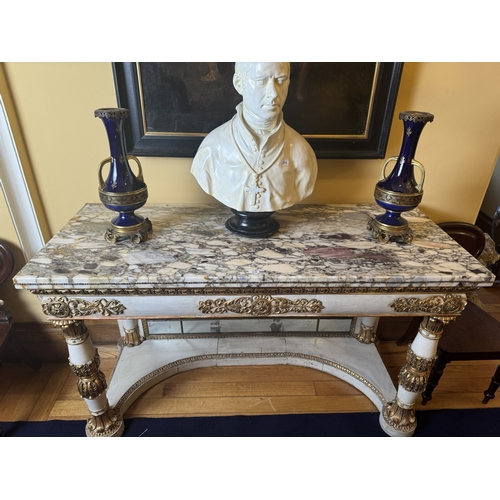 216 - Rare William IV Italian giltwood and painted console table, raised on carved acanthus leaves and car... 