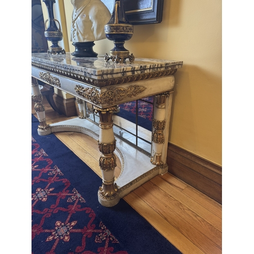 216 - Rare William IV Italian giltwood and painted console table, raised on carved acanthus leaves and car... 