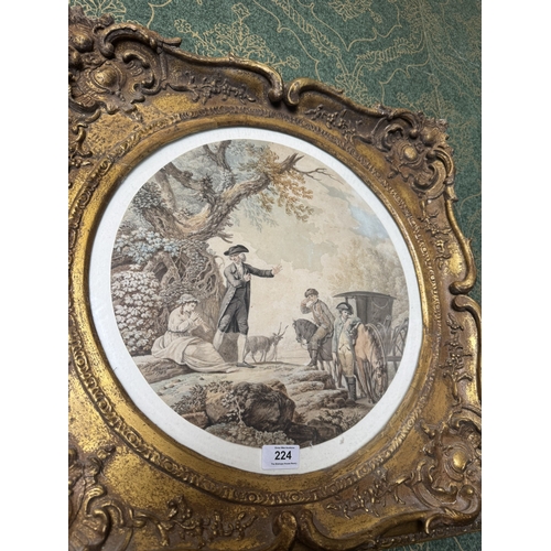 224 - Coloured print of Carriage and Woodland scene mounted in gilt frame. {54 cm H x 55 cm W}.