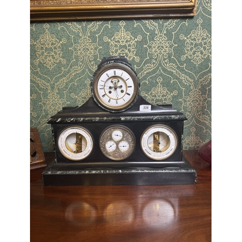 228 - Rare 19th C. Marble and slate mantle clock with perpetual calendar, barometer, thermometer and compa... 