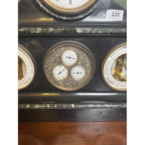 228 - Rare 19th C. Marble and slate mantle clock with perpetual calendar, barometer, thermometer and compa... 