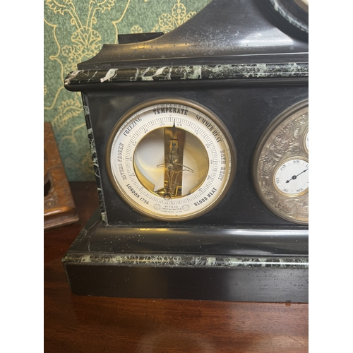 228 - Rare 19th C. Marble and slate mantle clock with perpetual calendar, barometer, thermometer and compa... 