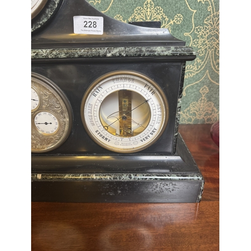 228 - Rare 19th C. Marble and slate mantle clock with perpetual calendar, barometer, thermometer and compa... 