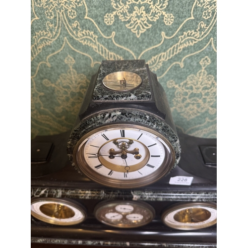 228 - Rare 19th C. Marble and slate mantle clock with perpetual calendar, barometer, thermometer and compa... 