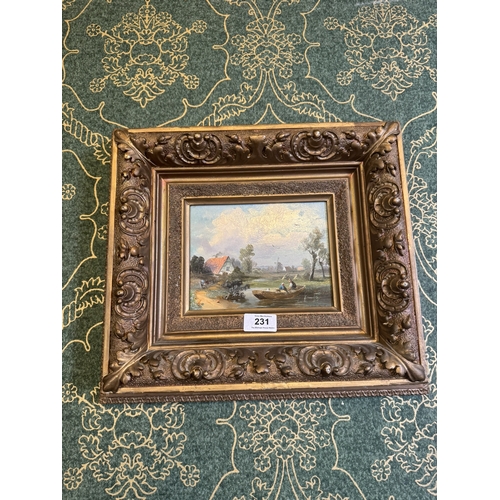 231 - 19th C. River and Cottage scene Oil on Board mounted in gilt frame. {34 cm H x 39 cm W}.