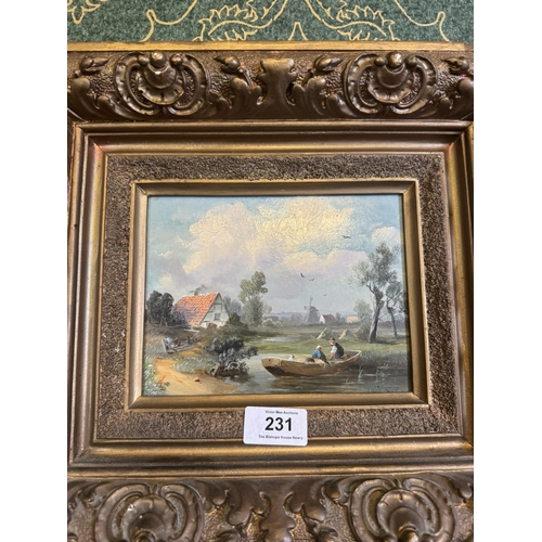 231 - 19th C. River and Cottage scene Oil on Board mounted in gilt frame. {34 cm H x 39 cm W}.