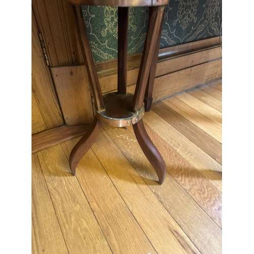 232 - Edwardian oak brass bound jardiniere, raised on three outswept legs. {77 cm H x 35 cm Dia.}.