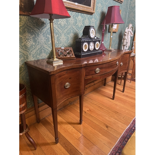 233 - 19th C. Mahogany and satinwood inlaid sideboard, raised on square tapered legs. {95 cm H x 191 cm W ... 