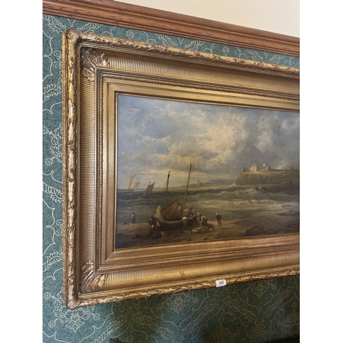 242 - 19th C. Coastal Scene Oil on Canvas, mounted on gilt frame. {80 cm H x 105 cm W}.