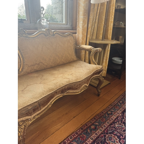 245 - 19th C. French giltwood upholstered window seat, raised on cabriole legs. {90 cm H x 193 cm W x 58 c... 