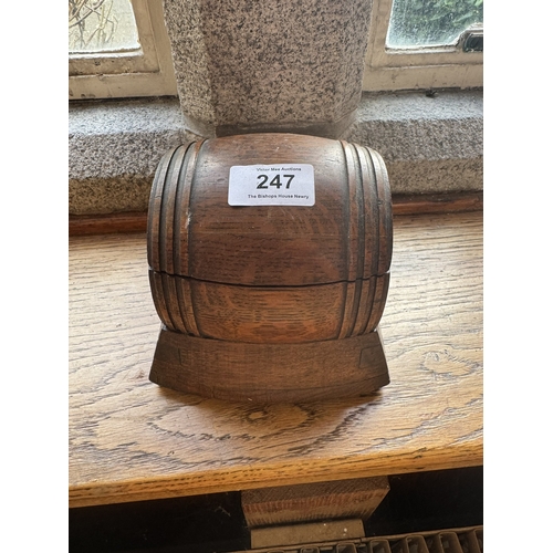 247 - Edwardian oak music box in form of a Barrel. {13 cm H x 15 cm W x 15 cm D}.