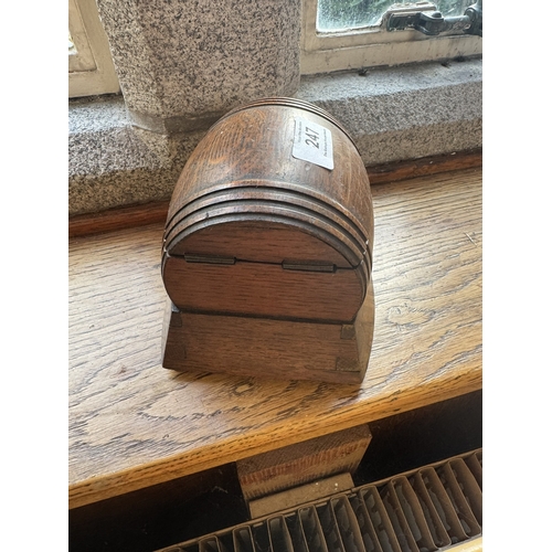 247 - Edwardian oak music box in form of a Barrel. {13 cm H x 15 cm W x 15 cm D}.