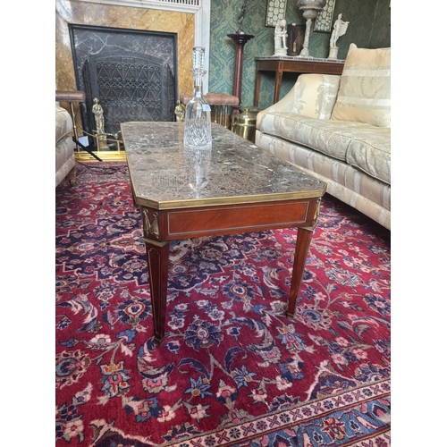 250 - Edwardian French mahogany coffee table with marble top and ormolu mounts, raised on tapered legs {47... 