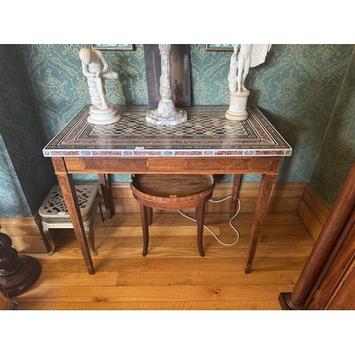 Rare early 19th C. pietra dura table top, raised on burr walnut base and square tapered legs originally purchased by Newry parish priest from Tandragee Castle dispersal sale in the 1950's. {87 cm H x 104 cm W x 62 cm D}.