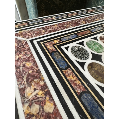 274 - Rare early 19th C. pietra dura table top, raised on burr walnut base and square tapered legs origina... 