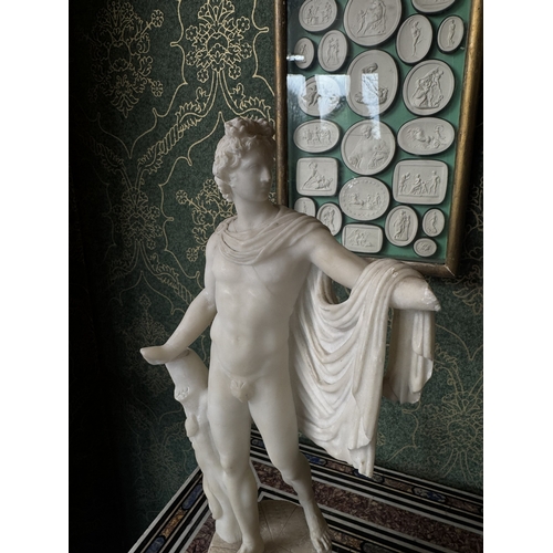 275 - 19th C. Hand carved alabaster figure of Apollo Belvedere, mounted on plinth. {47 cm H x 21 cm W x 12... 