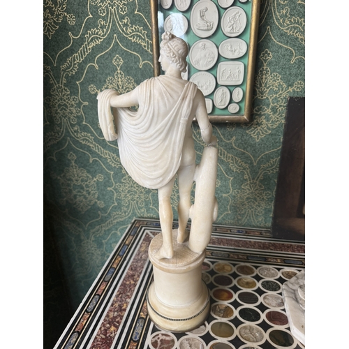 275 - 19th C. Hand carved alabaster figure of Apollo Belvedere, mounted on plinth. {47 cm H x 21 cm W x 12... 